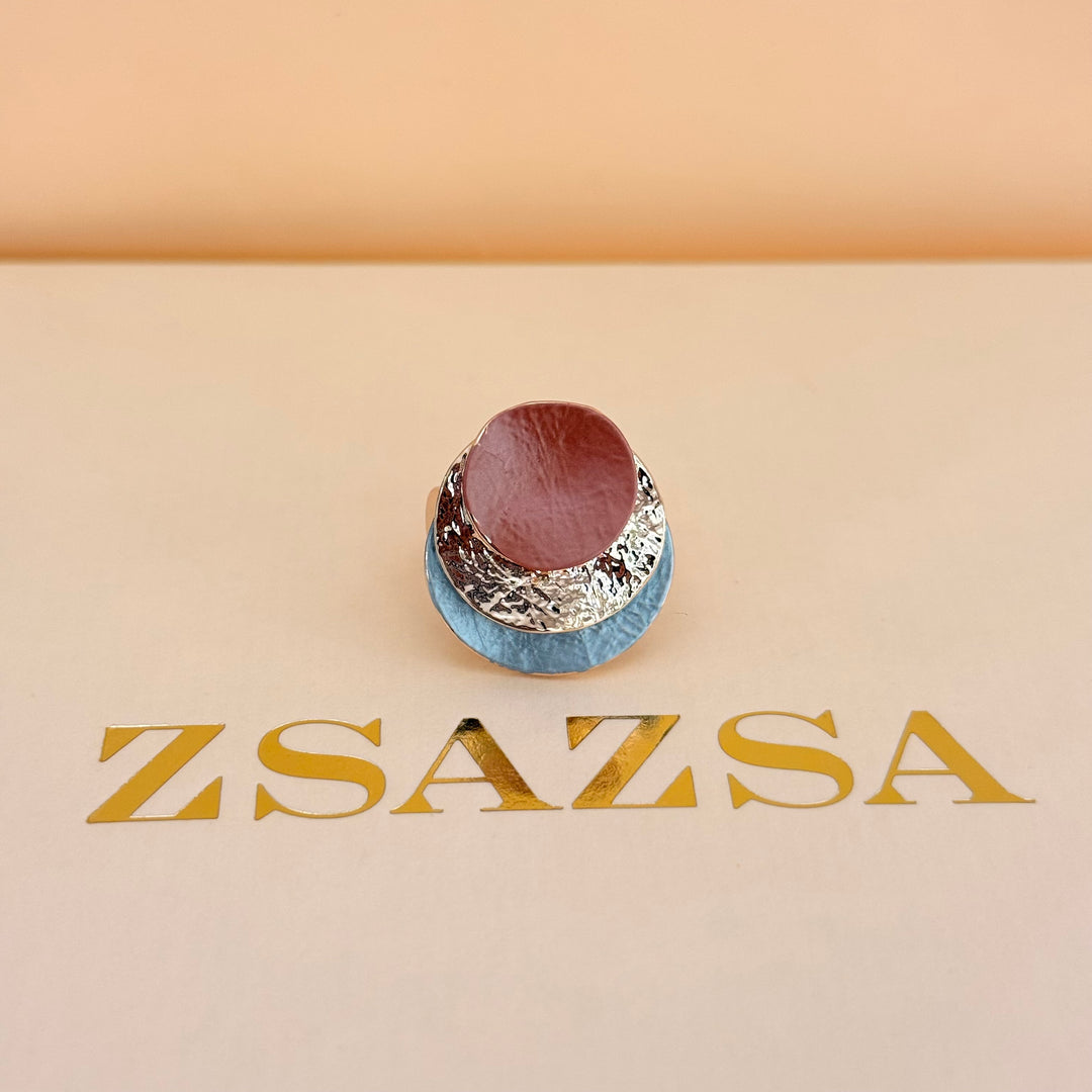 Round brown and grey enamel earrings and ring rose gold plated