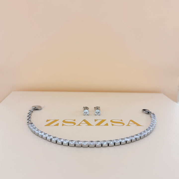 Tennis zircone silver earrings and bracelet