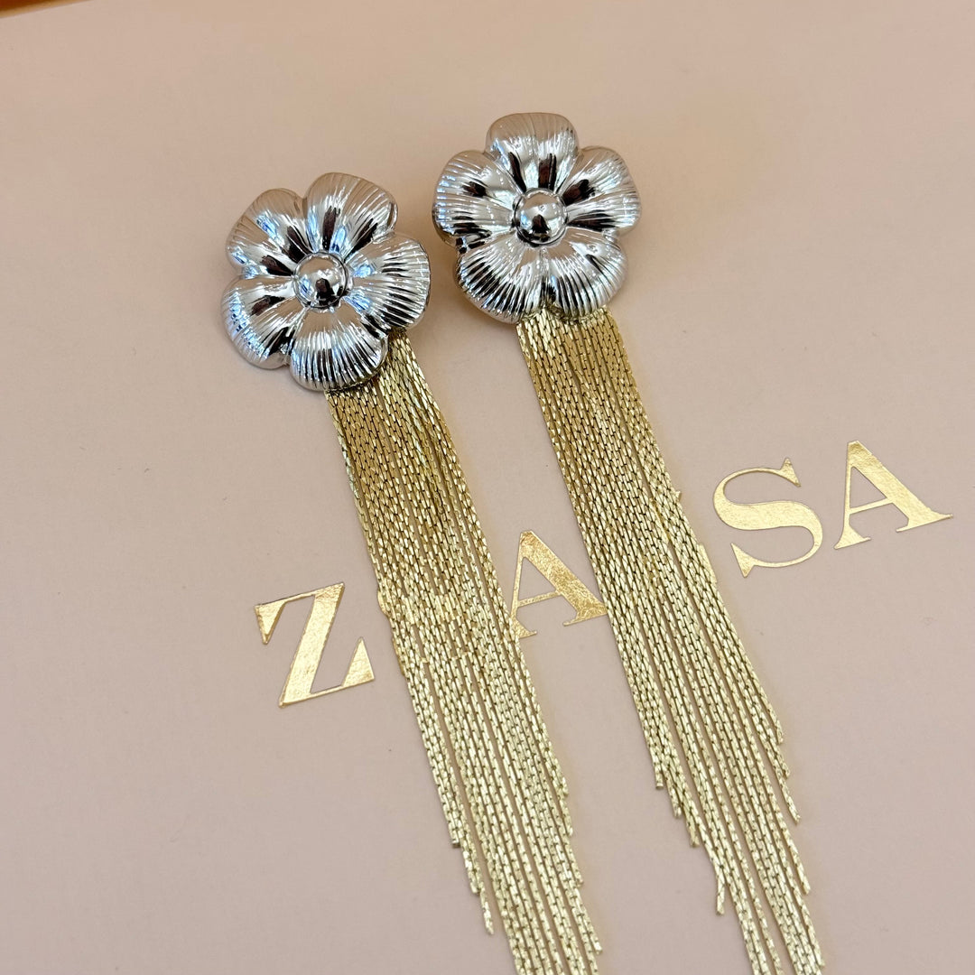 White Gold Plated Floral Earrings with Gold Plated Fringe