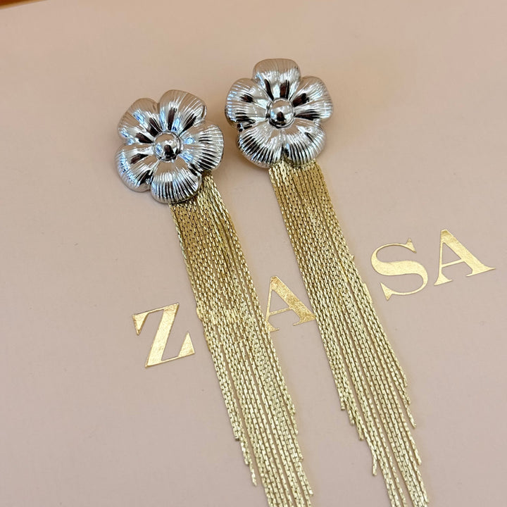White Gold Plated Floral Earrings with Gold Plated Fringe