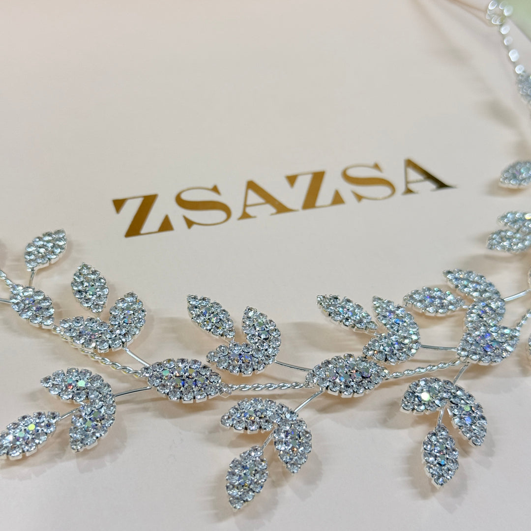 Rhinestone leaves aurora borealis silver flexible headband