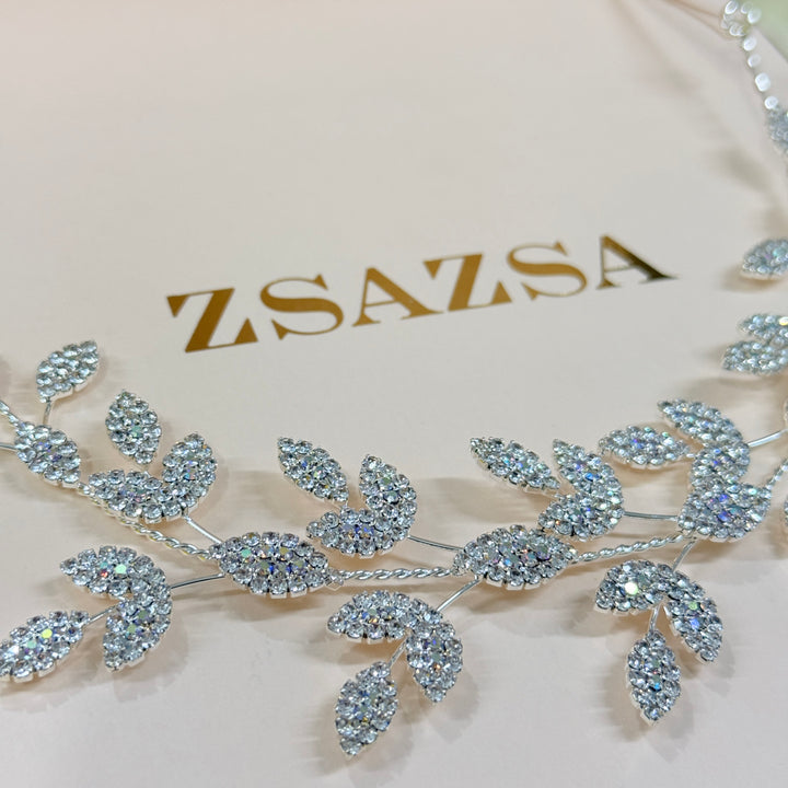Rhinestone leaves aurora borealis silver flexible headband
