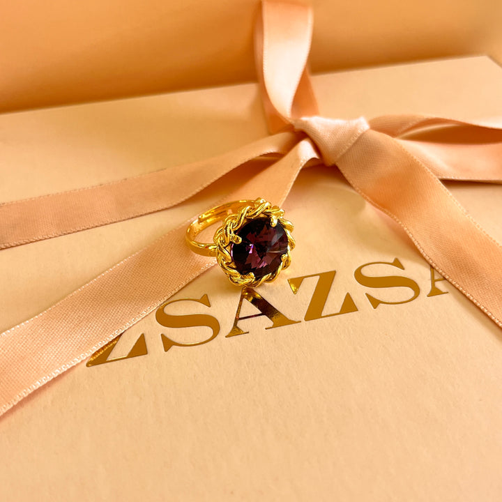 Purple round preciosa crystals ring