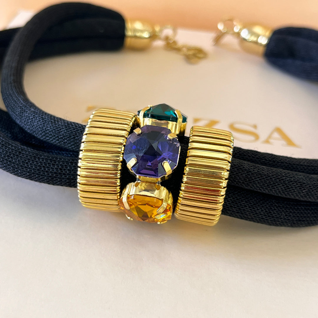 Black silk cord necklace with multicolour Swarovski crystals