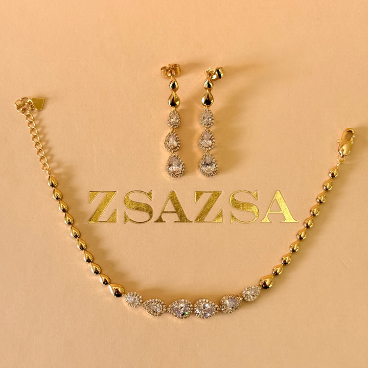 Teardrop zircone gold plated earrings and bracelet