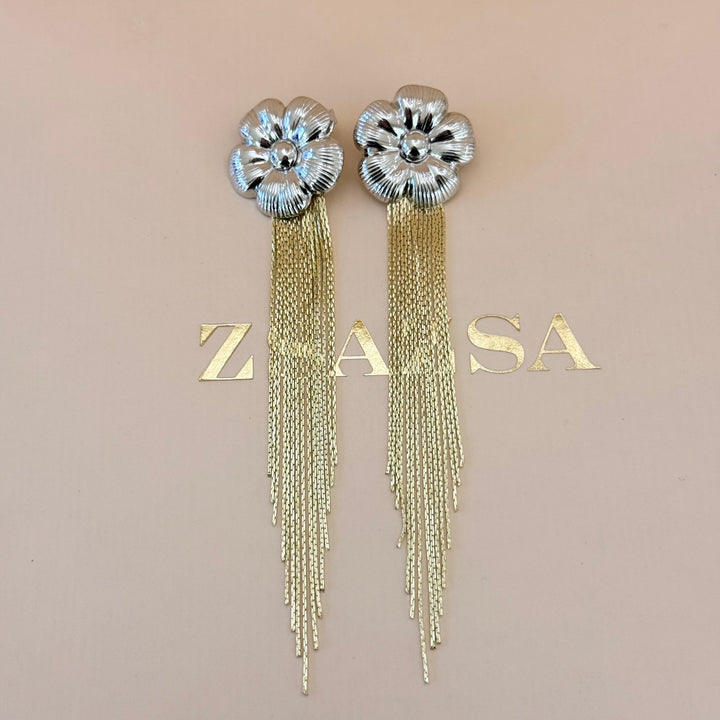 White Gold Plated Floral Earrings with Gold Plated Fringe