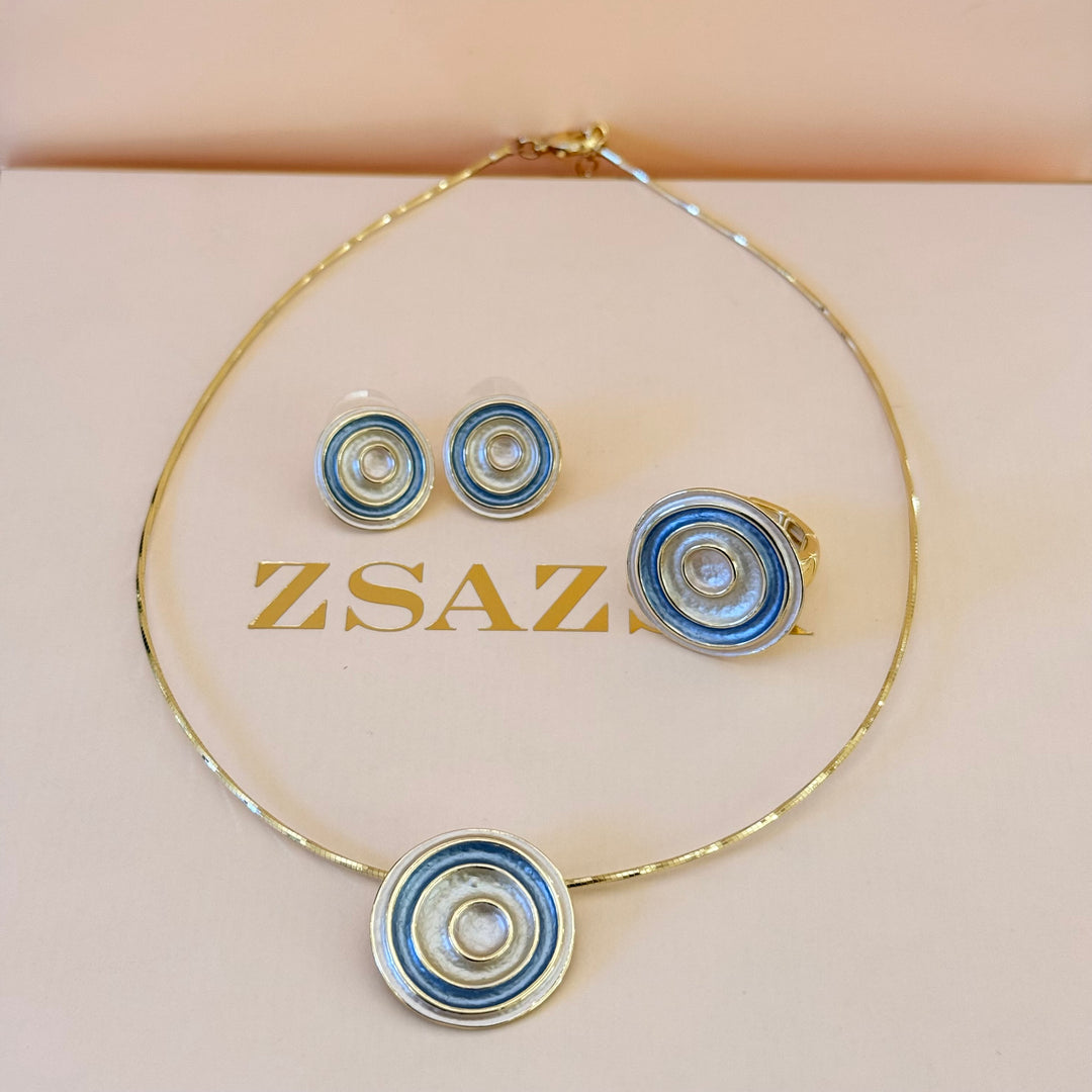 Spiral blue and cream enamel gold plated set