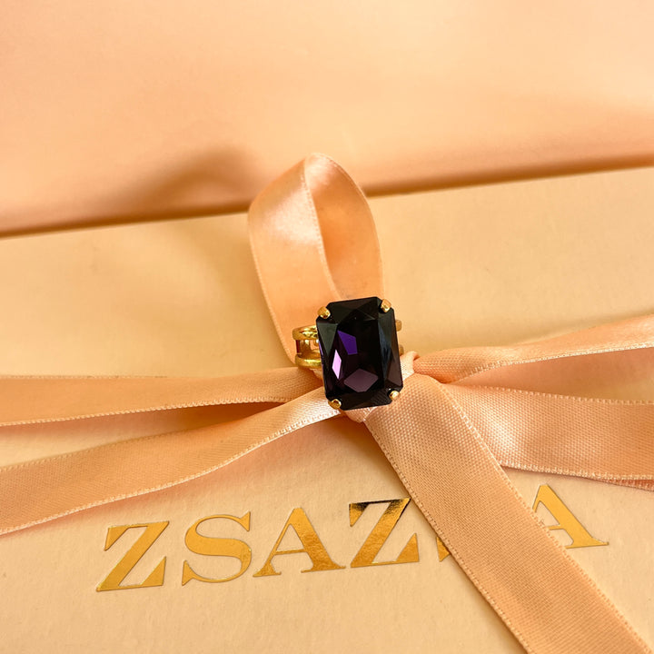 Purple rectangular preciosa crystals ring
