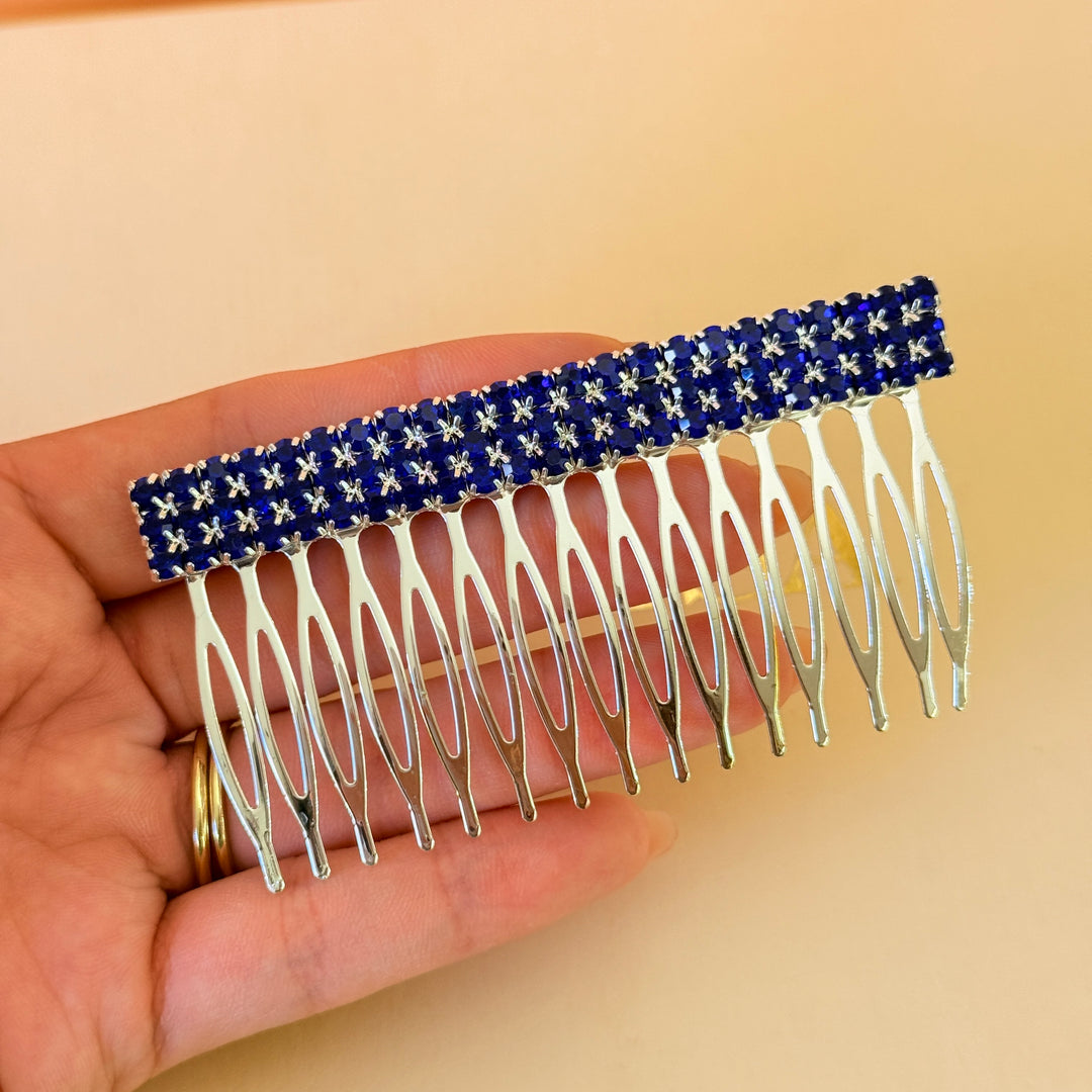 Rhinestone 3 rows royal blue silver comb