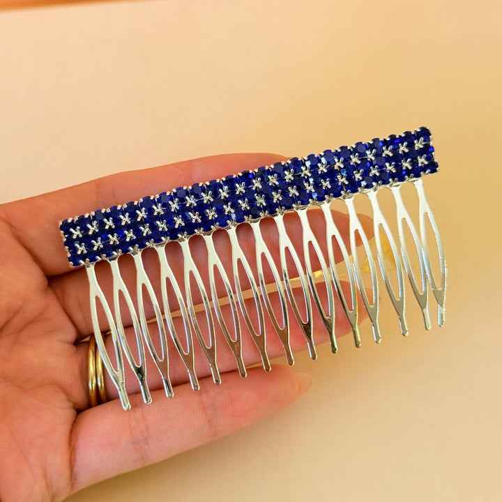 Rhinestone 3 rows royal blue silver comb