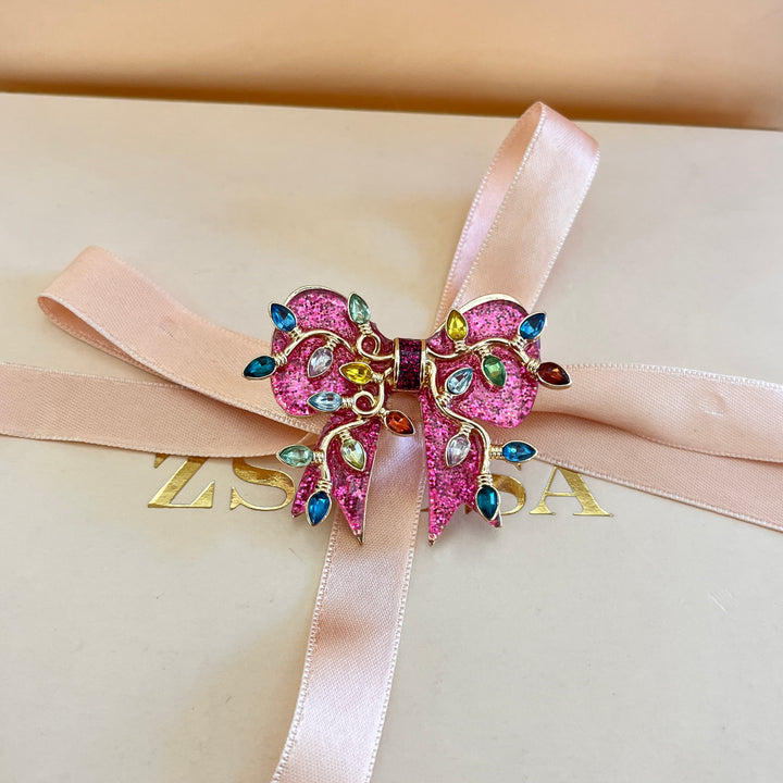 Pink Christmas bow brooch