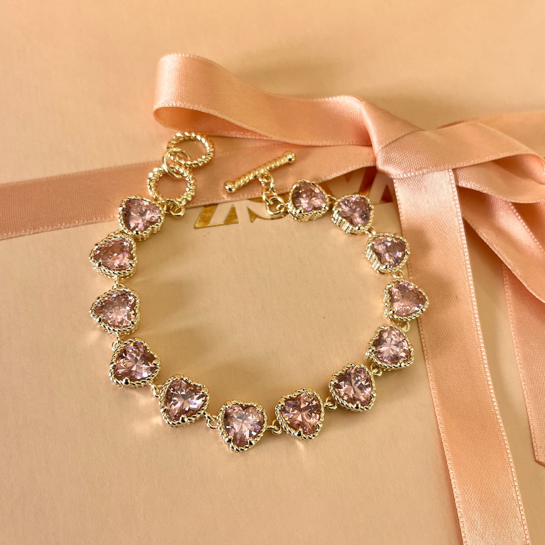 Light pink heart zircone gold plated necklace and bracelet