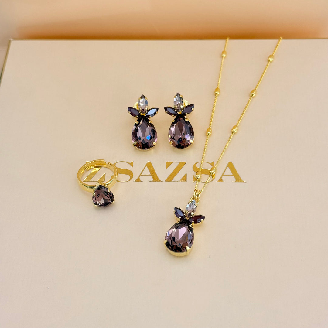 Marquise and teardrop mauve and dark red Swarovski crystals gold plated set