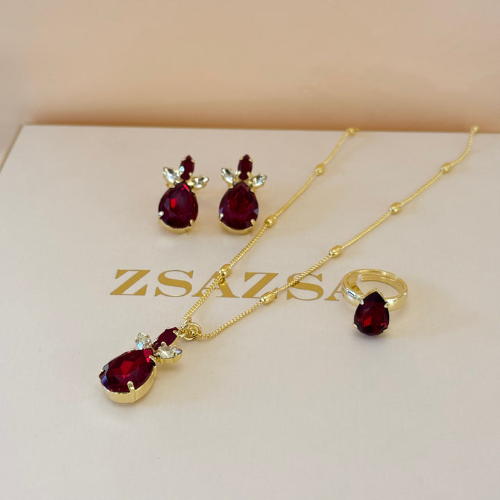 Marquise and teardrop dark red Swarovski crystals gold plated set
