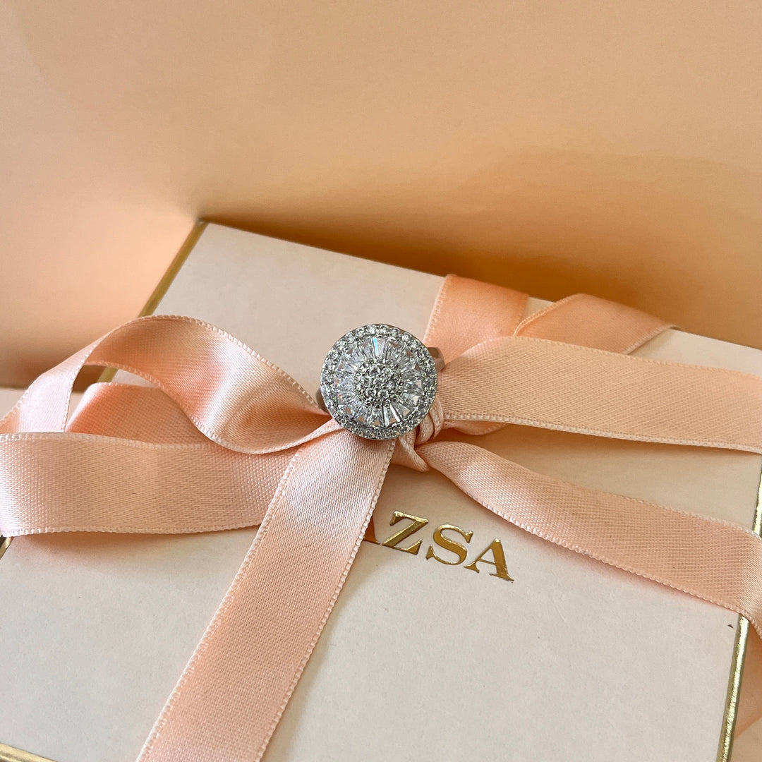 Zircone round and baguette white gold plated ring