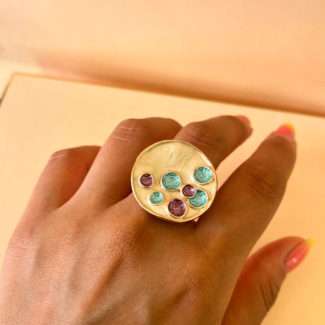 Enamel turquoise, gold and fuchsia round rose gold plated set