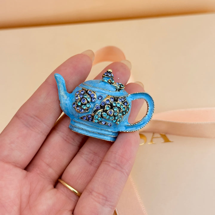 Teapot turquoise rhinestone brooch