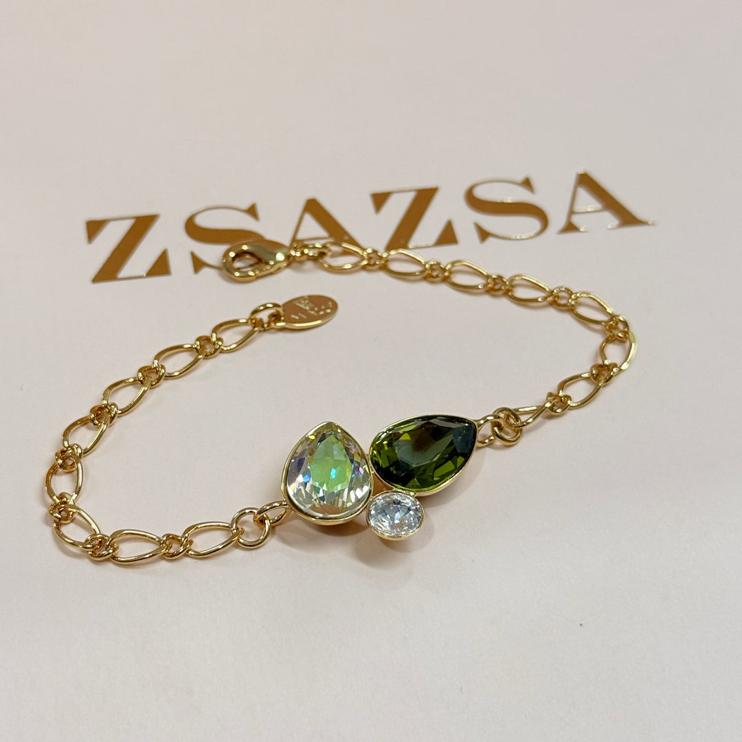 Multi green Swarovski crystals gold plated necklace and bracelet