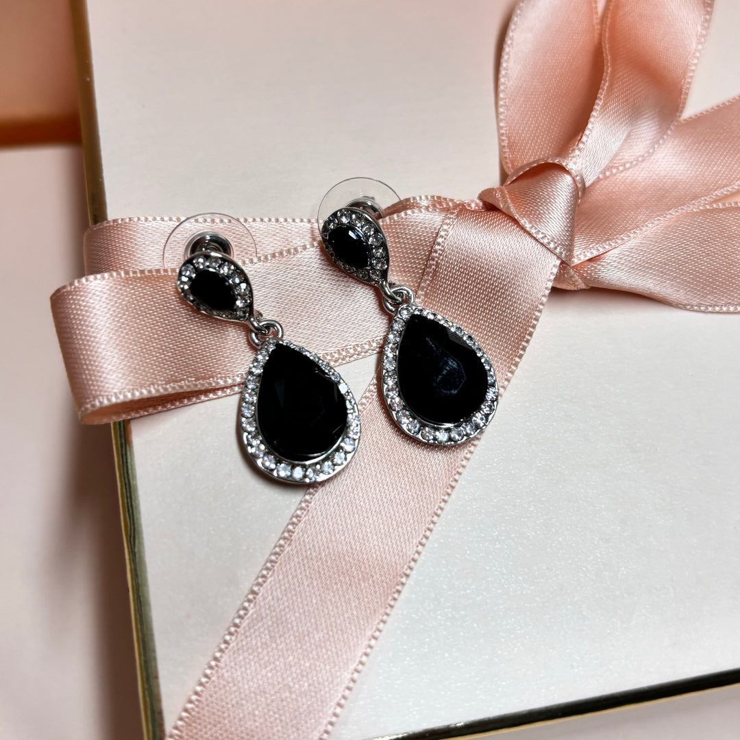 Double teardrop black silver earrings