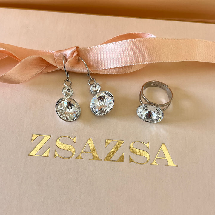 Swarovski crystals white gold plated earrings and ring