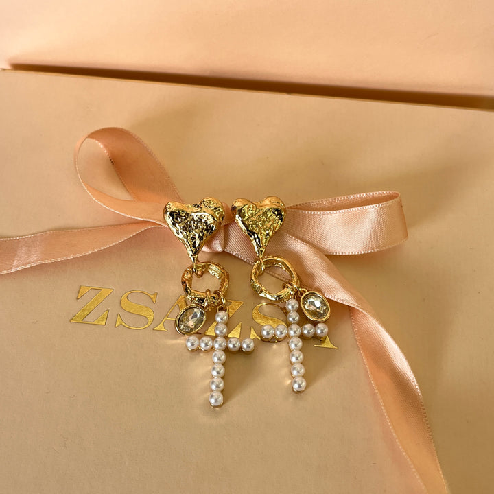 Hearts and crosses gold plated earrings