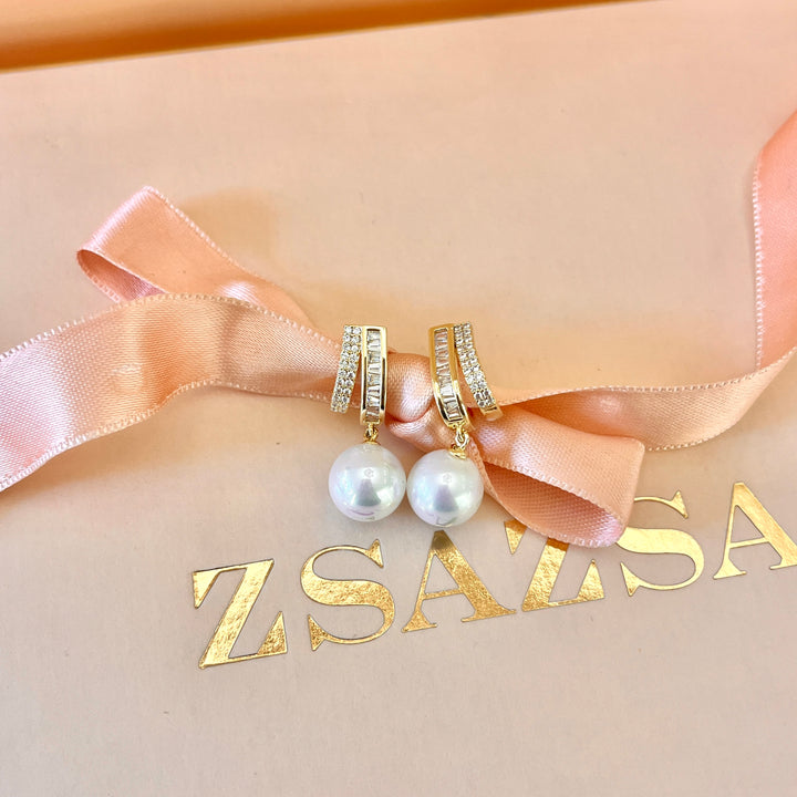 Baguette zircone and white pearls gold plated earrings