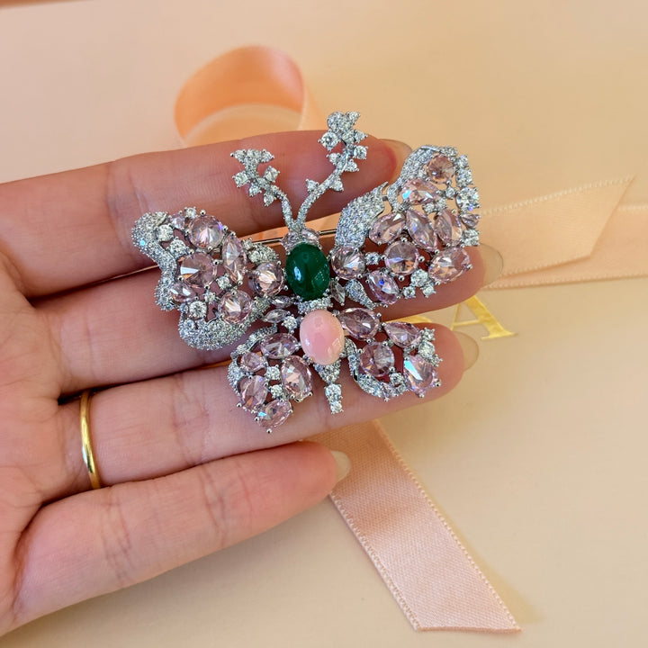 Butterfly pink and green silver brooch