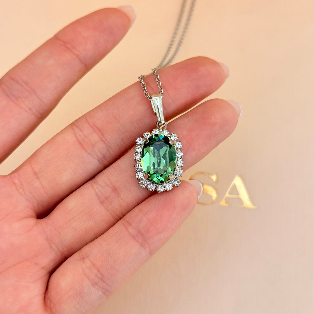 Green oval Preciosa crystals silver pendant