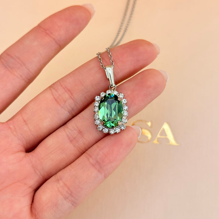 Green oval Preciosa crystals silver pendant