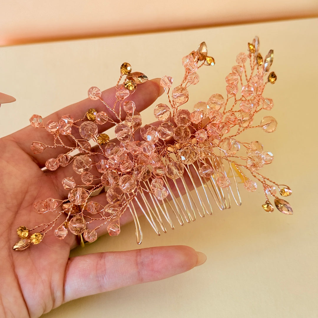 Rhinestone handmade peach rose gold comb