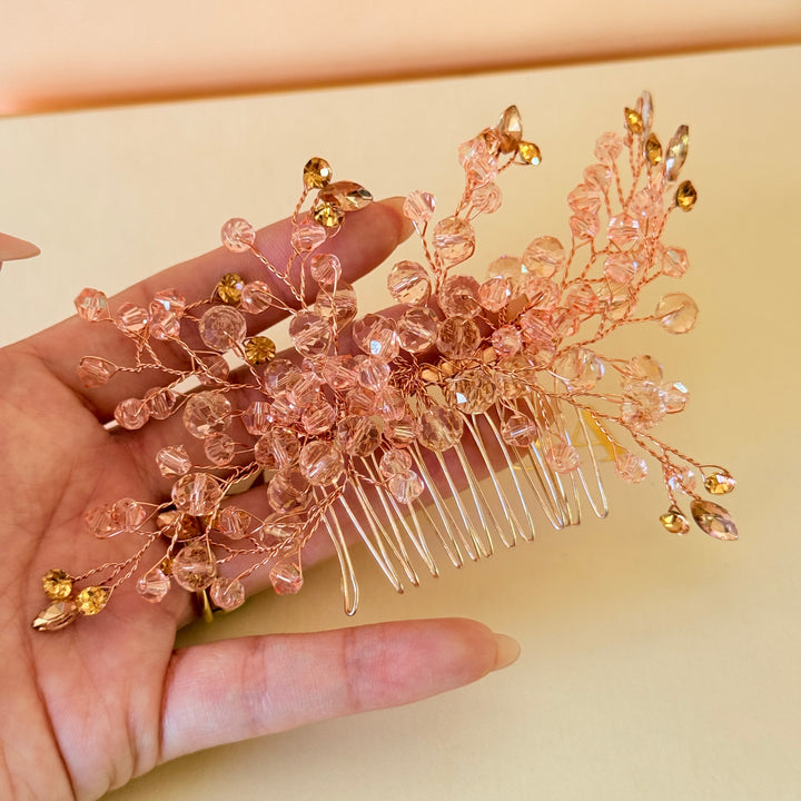 Rhinestone handmade peach rose gold comb