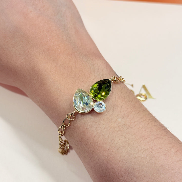 Multi green Swarovski crystals gold plated necklace and bracelet