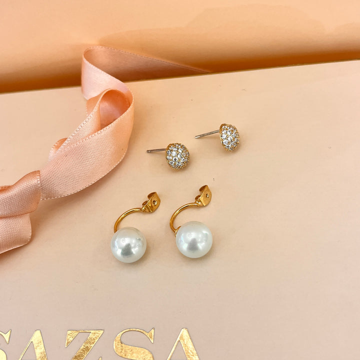 Zircone and white Pearls front-Back gold plated earrings