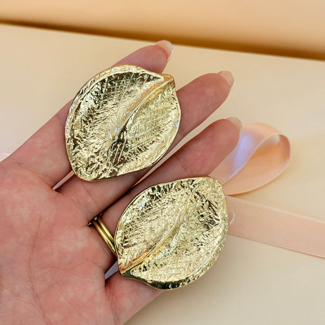Plain texture leaf gold plated clip on earrings