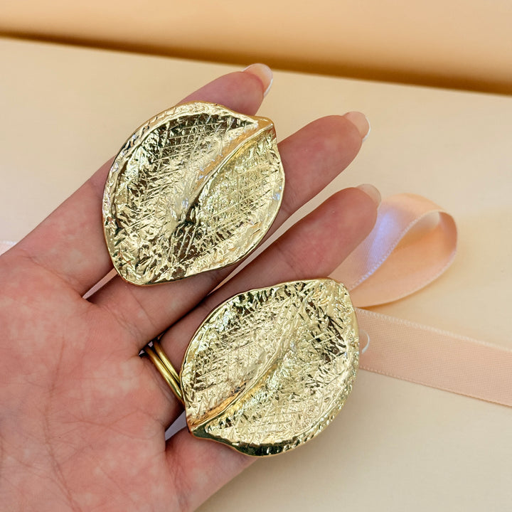 Plain texture leaf gold plated clip on earrings