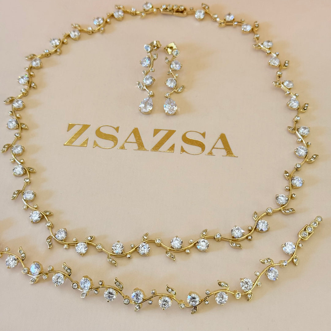 Teardrop and leaves zircone gold plated set
