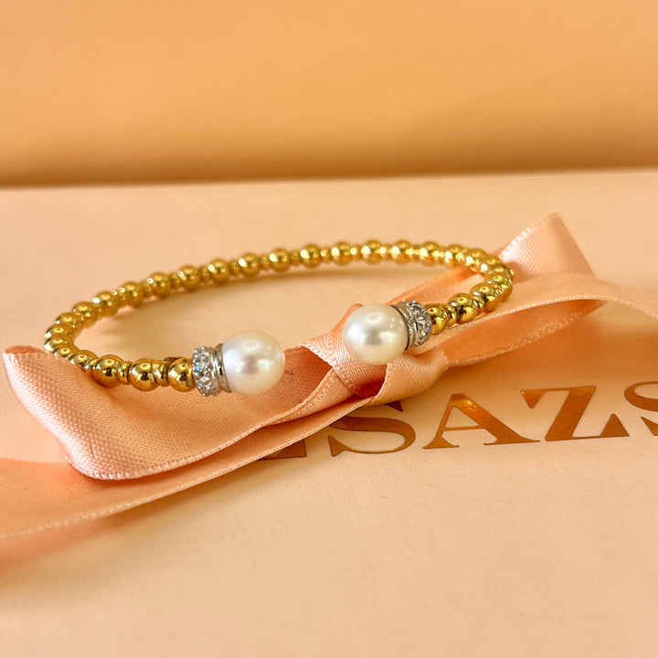 Zircone and fresh water pearl gold plated sterling silver bangle