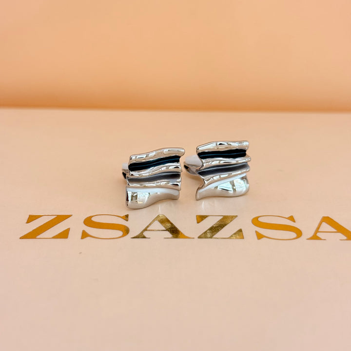 Blue, grey and white silver enamel earrings and ring