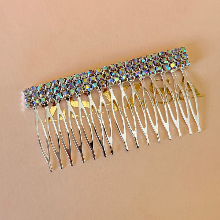 Rhinestone 3 rows aurora borealis silver comb