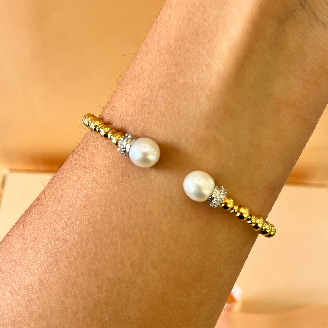 Zircone and fresh water pearl gold plated sterling silver bangle