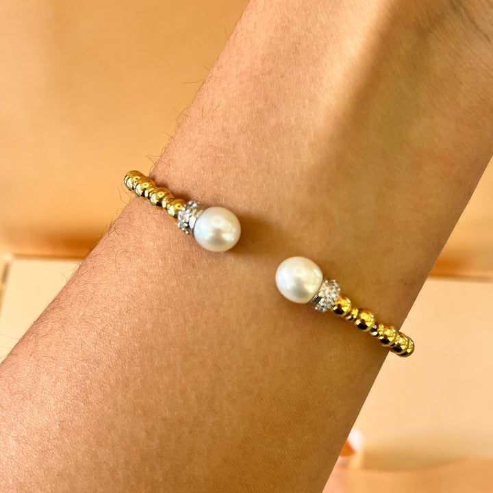 Zircone and fresh water pearl gold plated sterling silver bangle