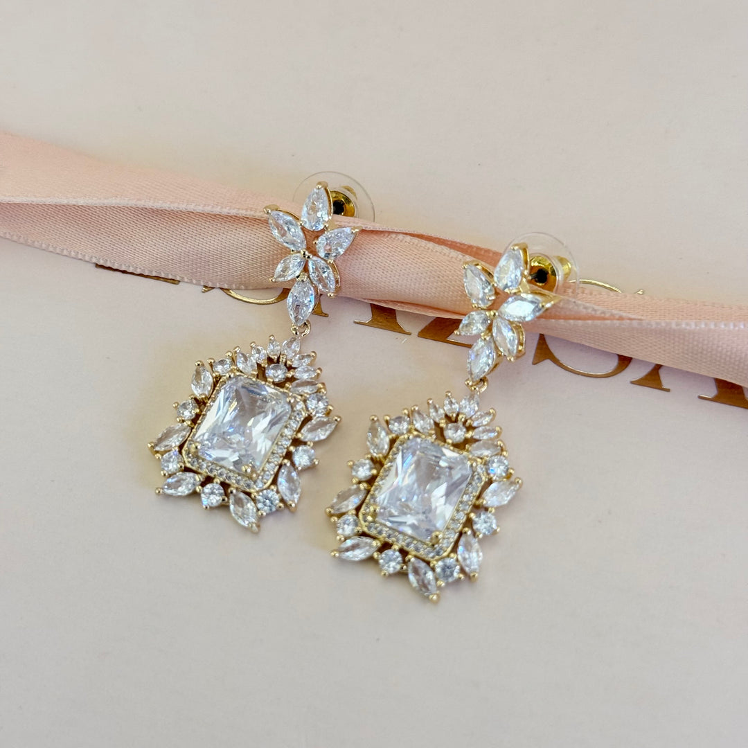 Rectangular and marquise zircone gold plated earrings