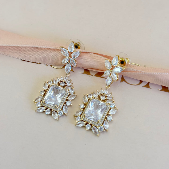 Rectangular and marquise zircone gold plated earrings