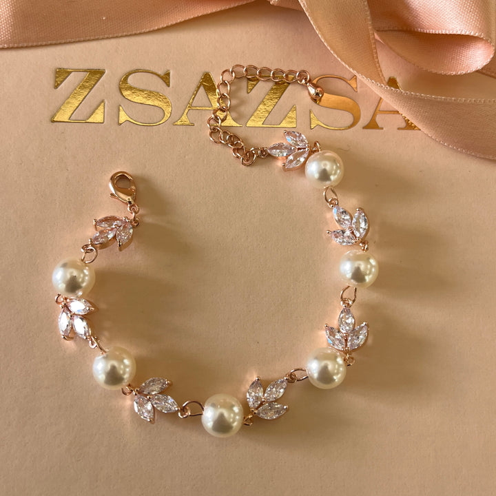 Marquise zircone and ivory pearls rose gold plated bracelet