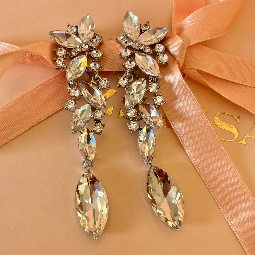 Marquise silver long clip on earrings