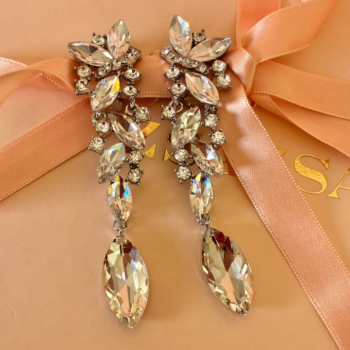 Marquise silver long clip on earrings