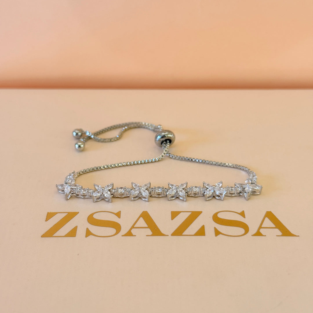 Flower and marquise zircone silver bracelet