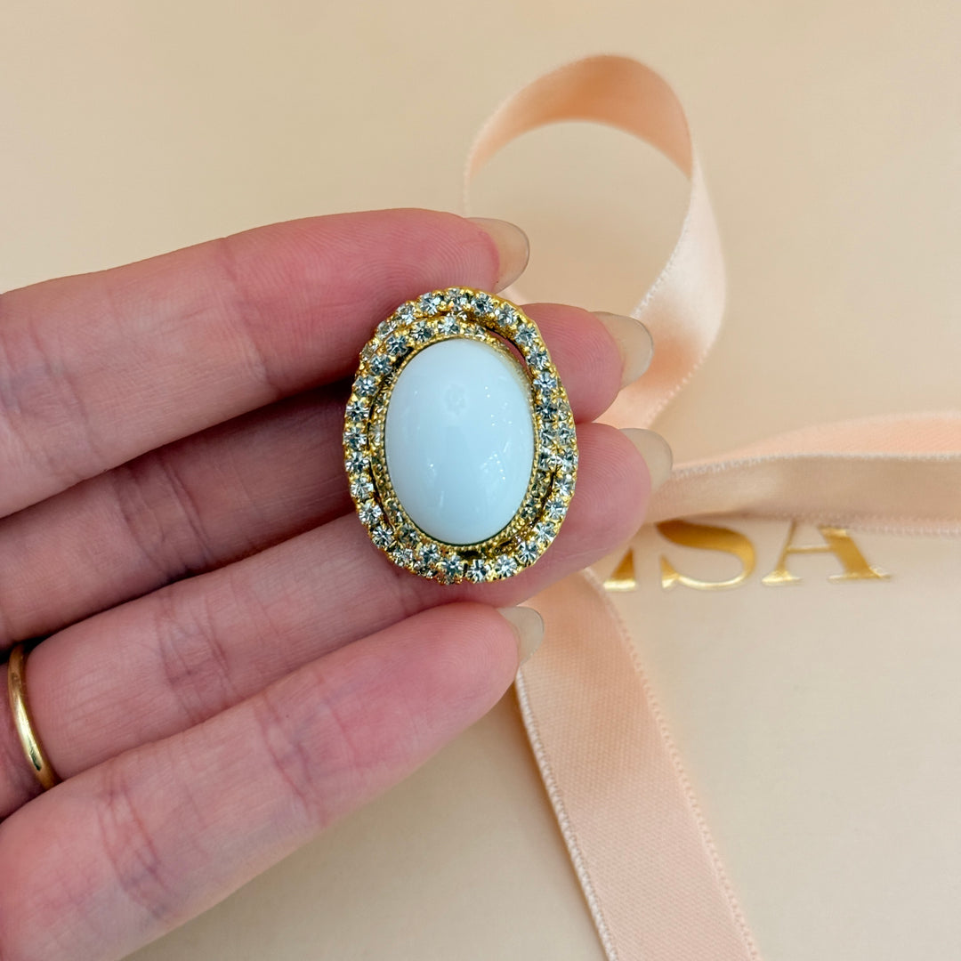 Oval White preciosa crystals gold plated brooch