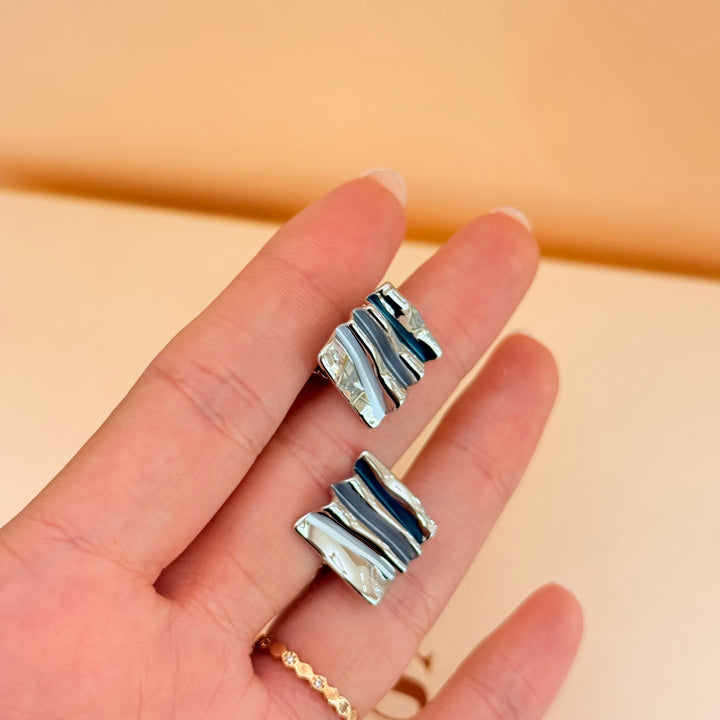 Blue, grey and white silver enamel earrings and ring