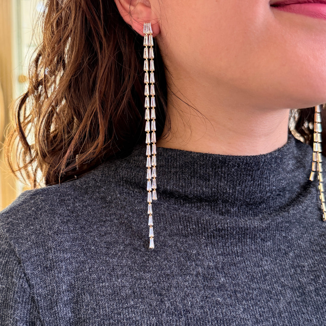 Baguette long zircone gold plated earrings